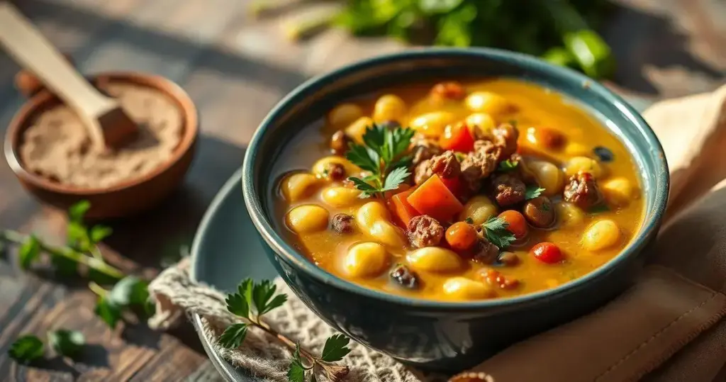 sopa de macarrão com carne e legumes