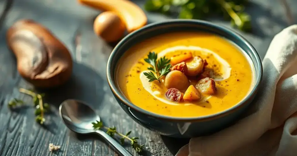 sopa de batata doce com frango e espinafre