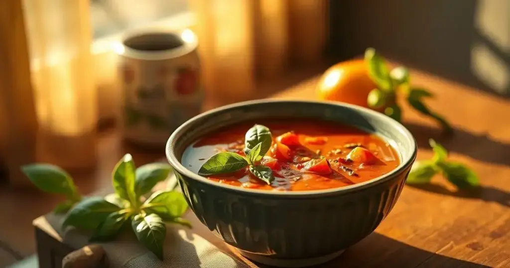 sopa de tomate assado com manjericão